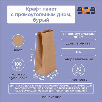 Крафт пакет с прямоугольным дном 220*120*290 мм 70 г/м2 бурый
