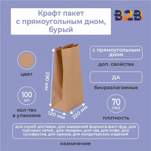 Крафт пакет с прямоугольным дном 220*120*290 мм 70 г/м2 бурый
