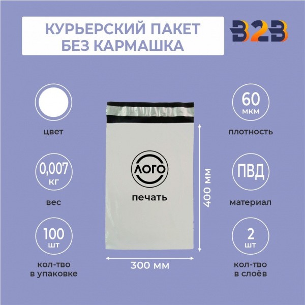 КУРЬЕРСКИЙ ПАКЕТ 300*400 ММ (60 МКМ, БЕЗ КАРМАШКА) С ВАШИМ ЛОГОТИПОМ